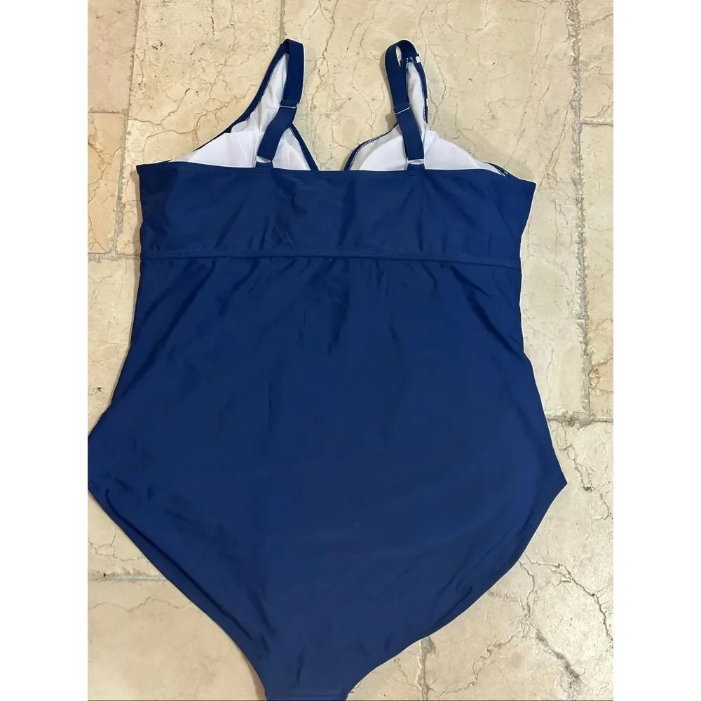 Bloomchic 26 Navy Polka Dot One Shoulder Tummy Control Swimsuit NWT